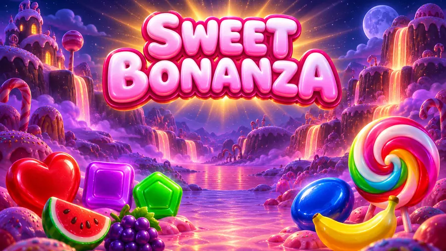 Sweet Bonanza yazısı ve altın ışık altında parlayan şeker, meyve sembolleri