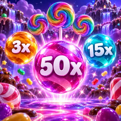 Üzerinde 3x, 15x ve 50x yazan parlak multiplier küreleri