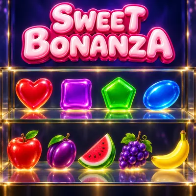 Sweet Bonanza yazısı altında dört şeker ve beş meyve sembolü
